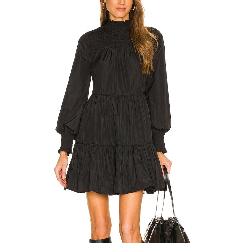 Veronica Beard Vigore Black Dress Smocked High Neck Tiered A line Size 2